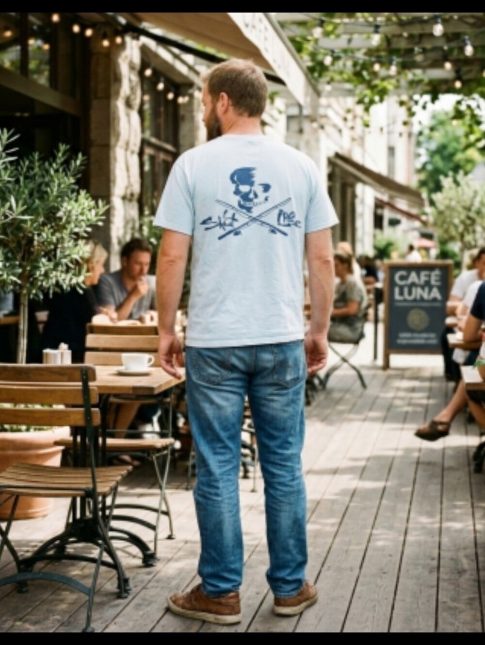 SALT LIFE Mens T Shirt XLarge lt blue Pocket Skull Graphic Fishing Rods Reels